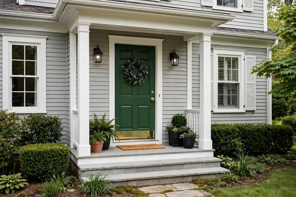 House front entry with a front door freshly painted deep green.