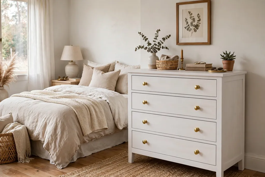 Bedroom with a wooden dresser freshly painted soft white with brass knobs.