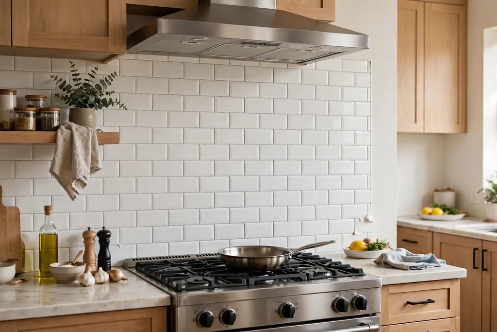 Kitchen backsplash with white peel-and-stick subway tiles behind a cooker.