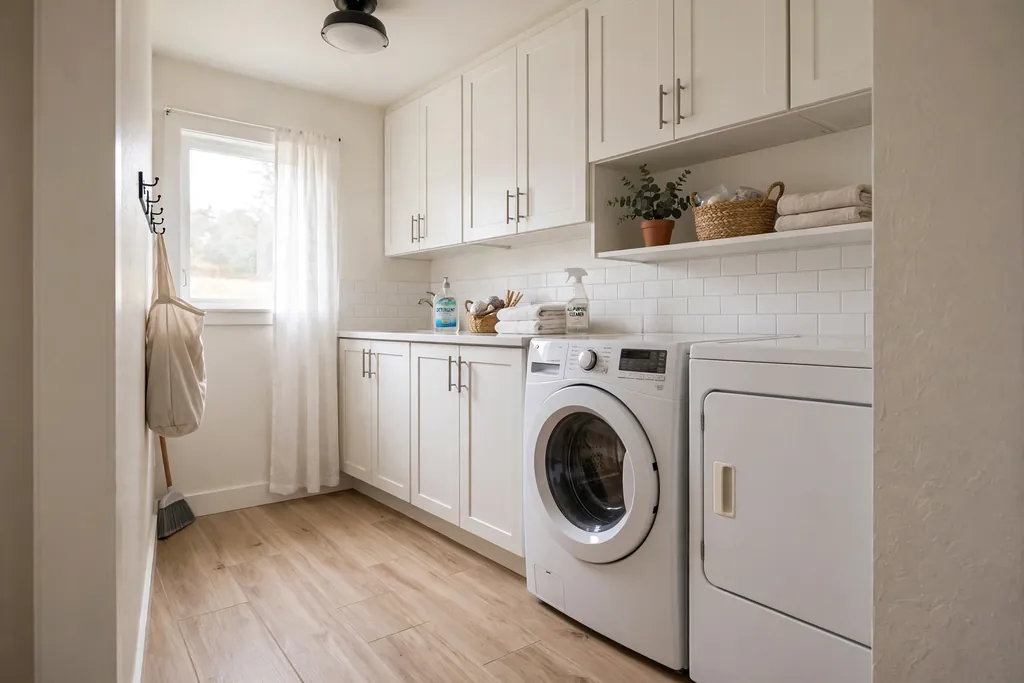 Small laundry room floor with light peel-and-stick wood look tiles.