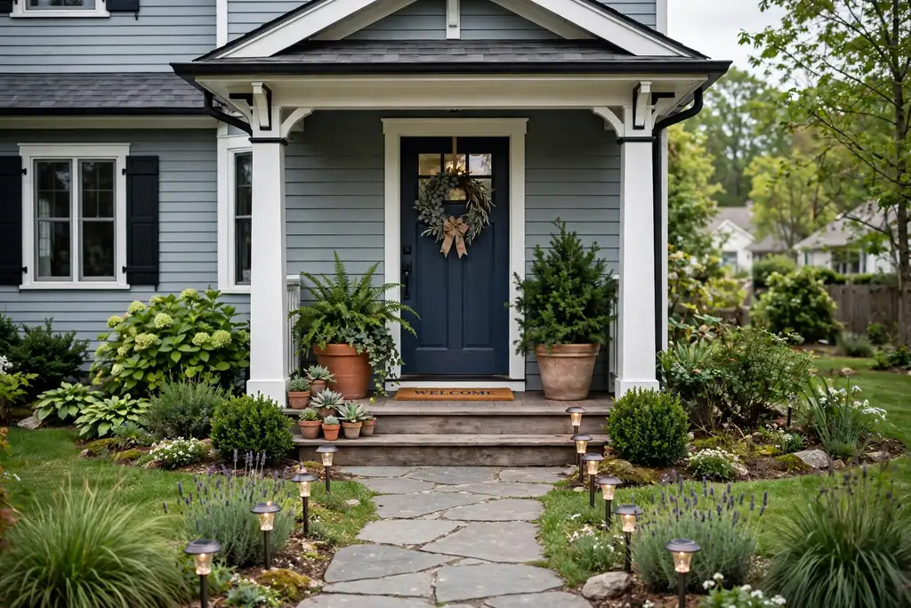 House porch with potted plants beside the front door and solar lights along the path.