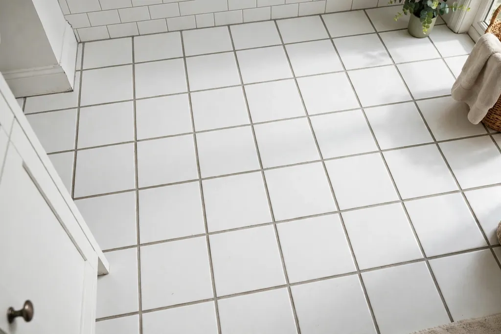 Bathroom floor with clean refreshed light grey grout lines between white tiles.