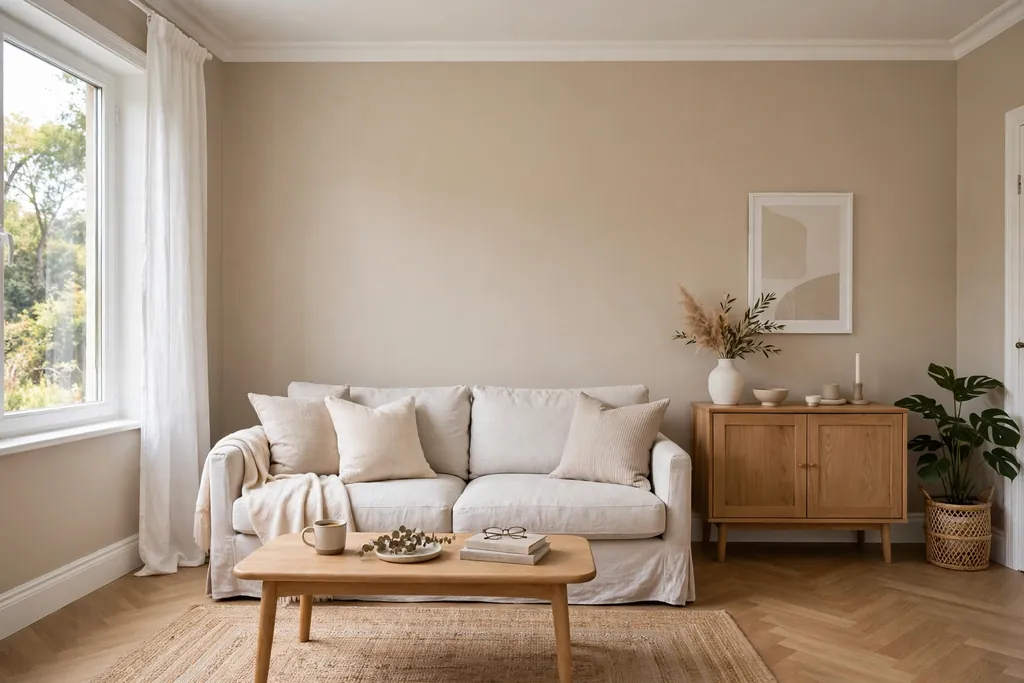 Living room with walls freshly repainted in a light warm neutral color and white trim.