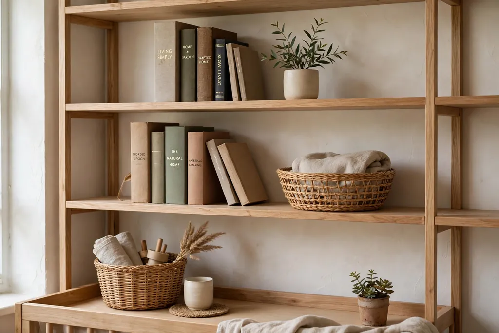 Open shelves styled with upright books, a small plant, and a woven basket.