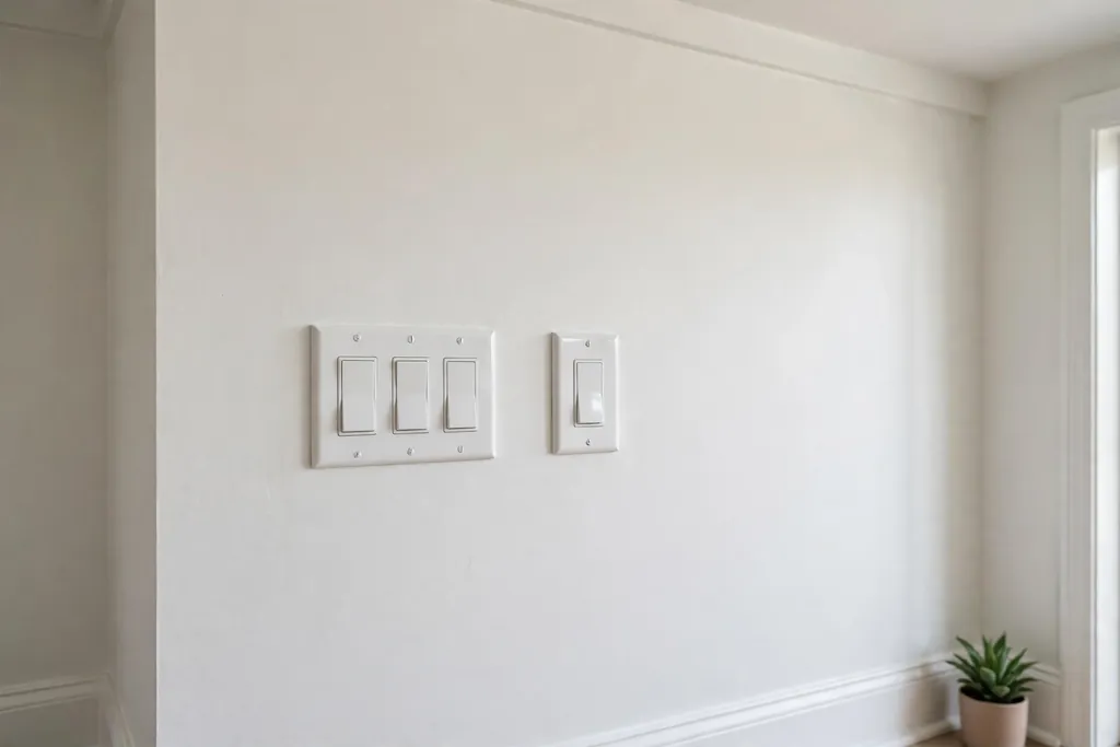 Room wall with new clean white light switch plates.