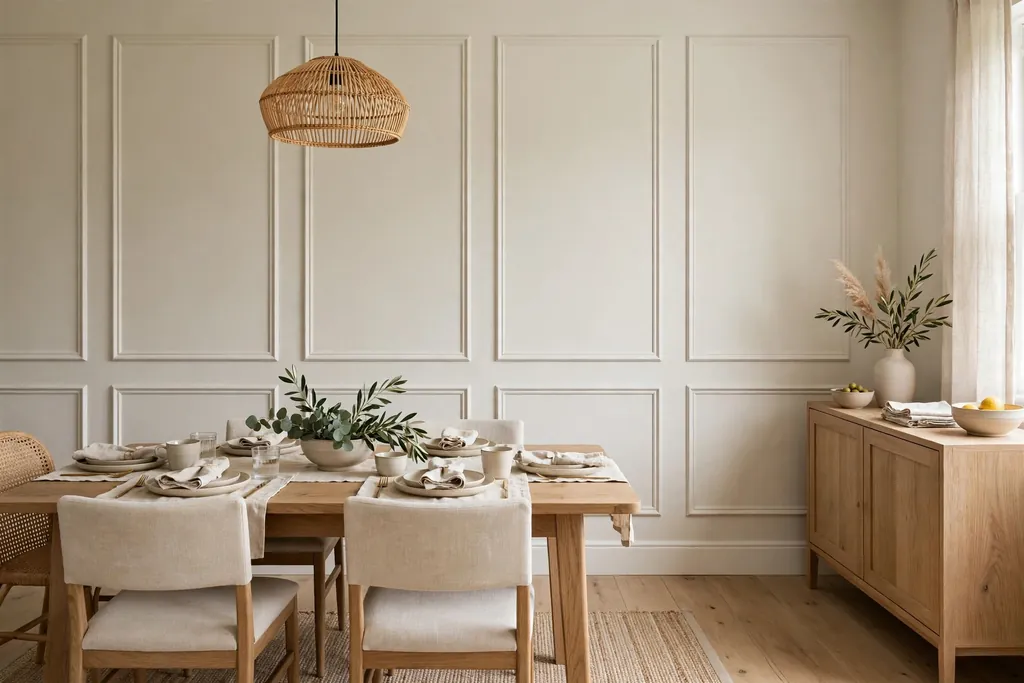 Dining room wall with white picture frame moulding rectangles.