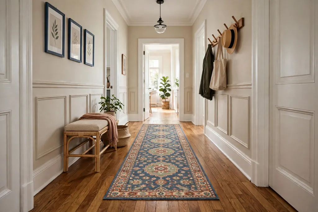 Hallway with a patterned washable runner rug on a wood floor.