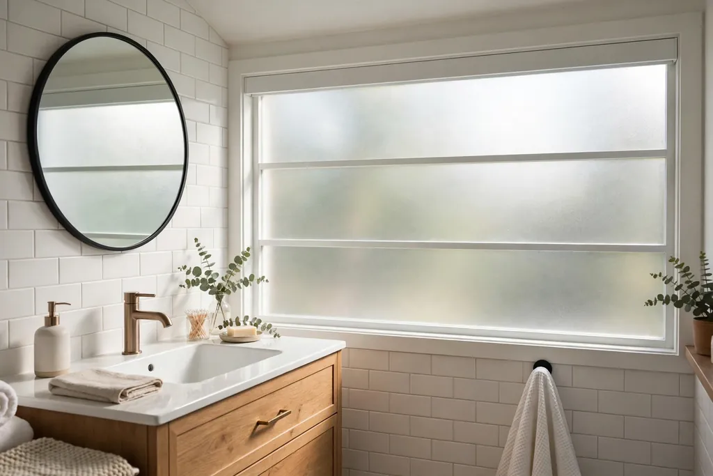 Bathroom window with frosted window film letting in soft light.