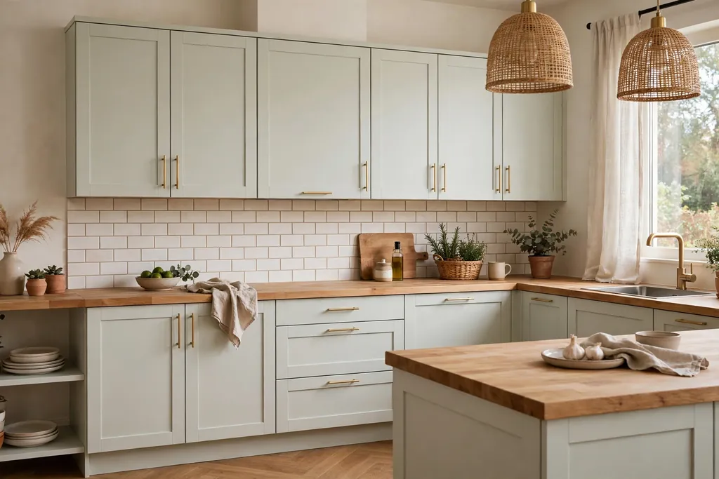 Kitchen with freshly repainted light cabinets and new hardware handles.