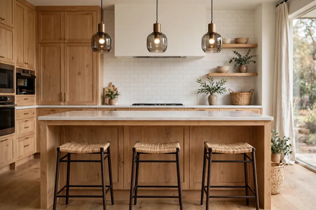 Kitchen island with seating stools, clear counter, and pendant lights.