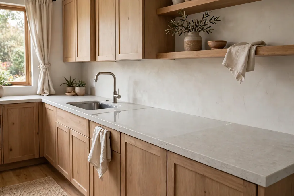 Kitchen with a durable light stone countertop, sink, and clear work surface.