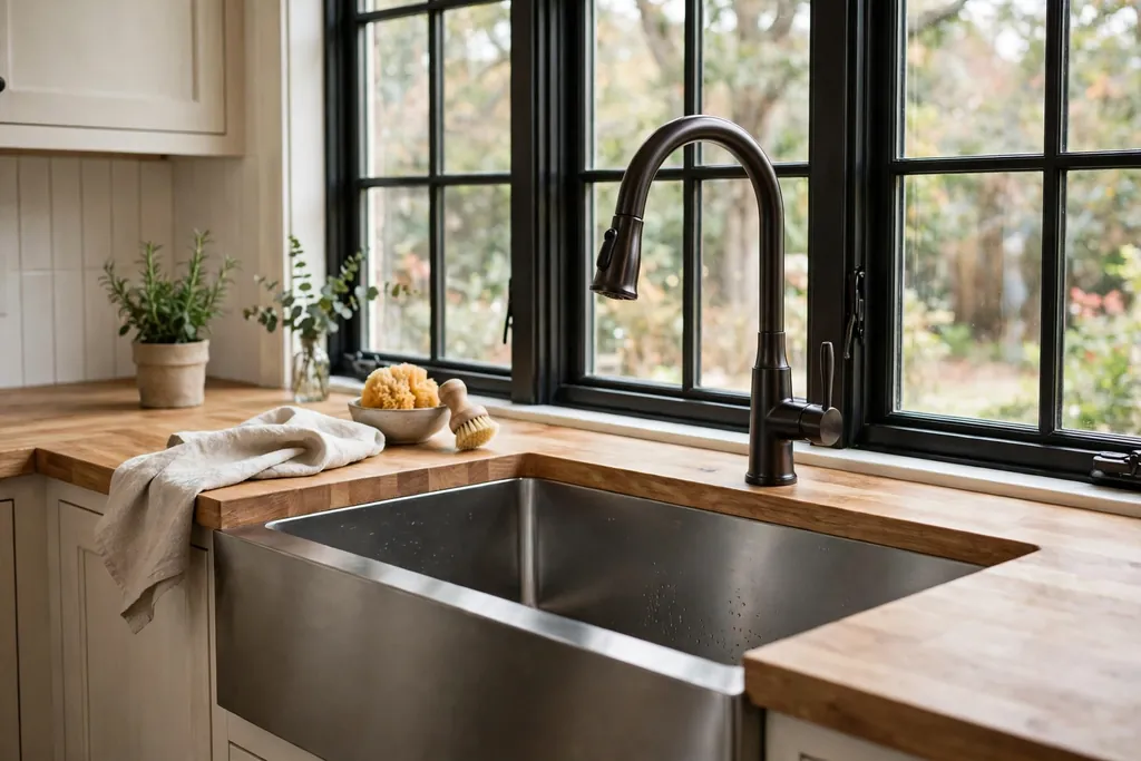 Kitchen sink area with a new faucet and deep sink beside a window.