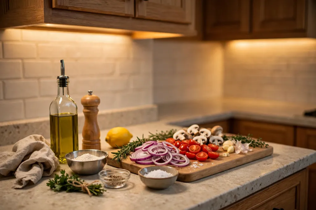 Kitchen counter lit by warm under-cabinet lights with cooking items ready.