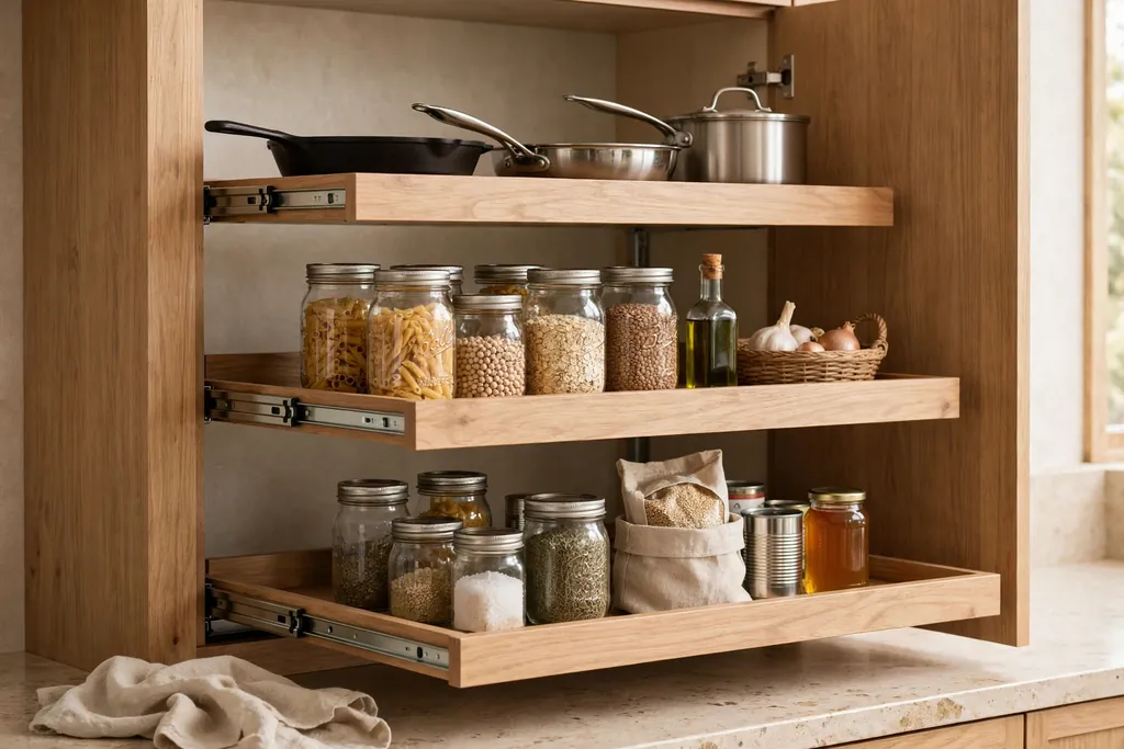 Kitchen cabinet with pull-out shelves holding pans and pantry items.