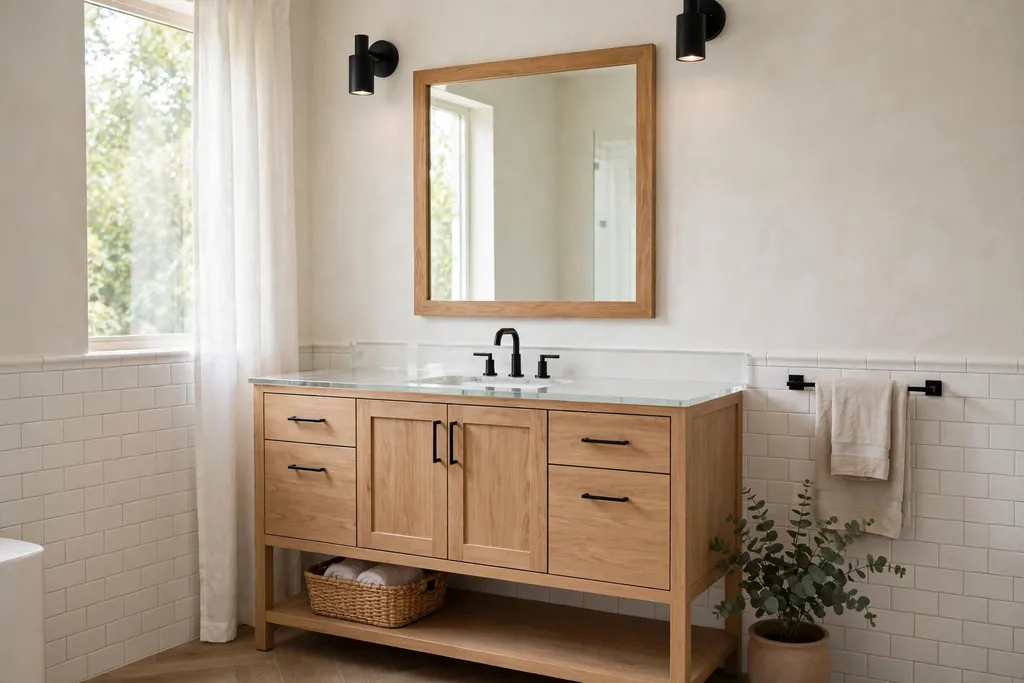 Bathroom with a new vanity, clear counter, and framed mirror.