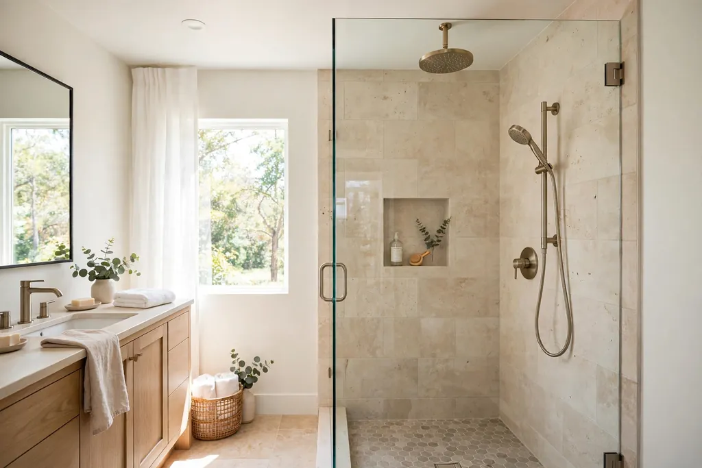 Bright bathroom shower with a new showerhead and clear glass screen.