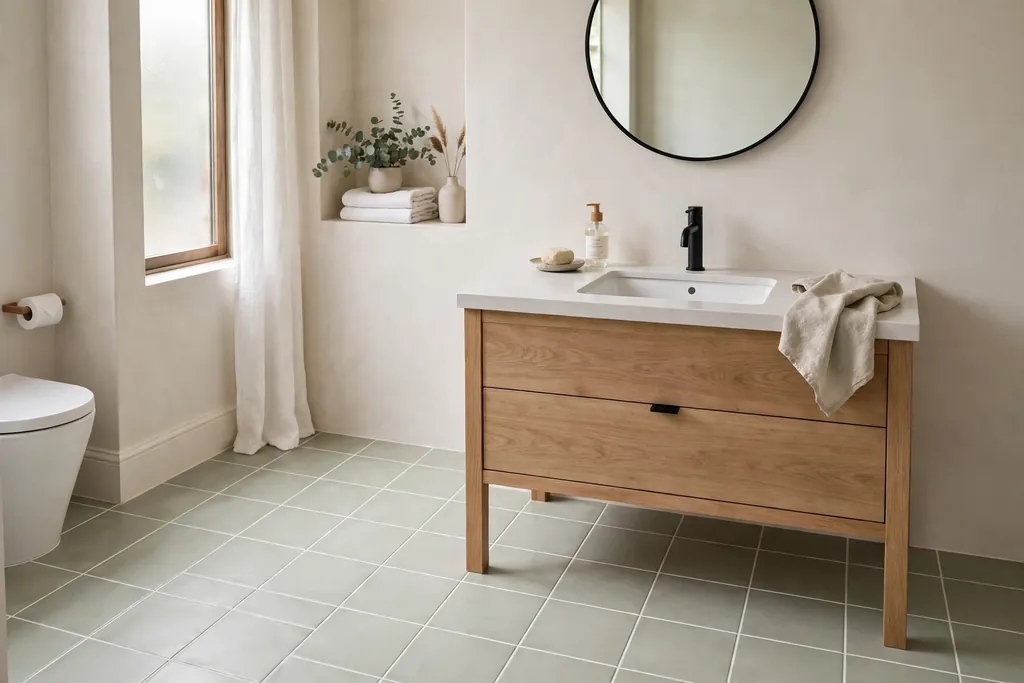 Bathroom with new calm floor tiles, clean grout, and a simple vanity.
