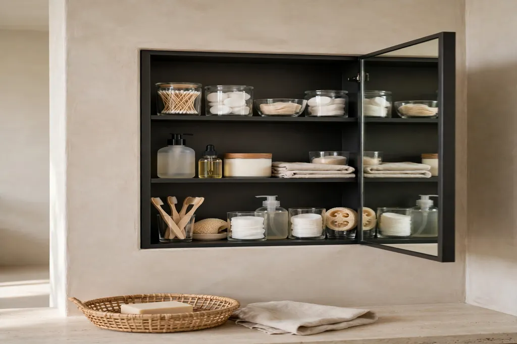 Bathroom wall with a recessed mirrored cabinet holding toiletries.