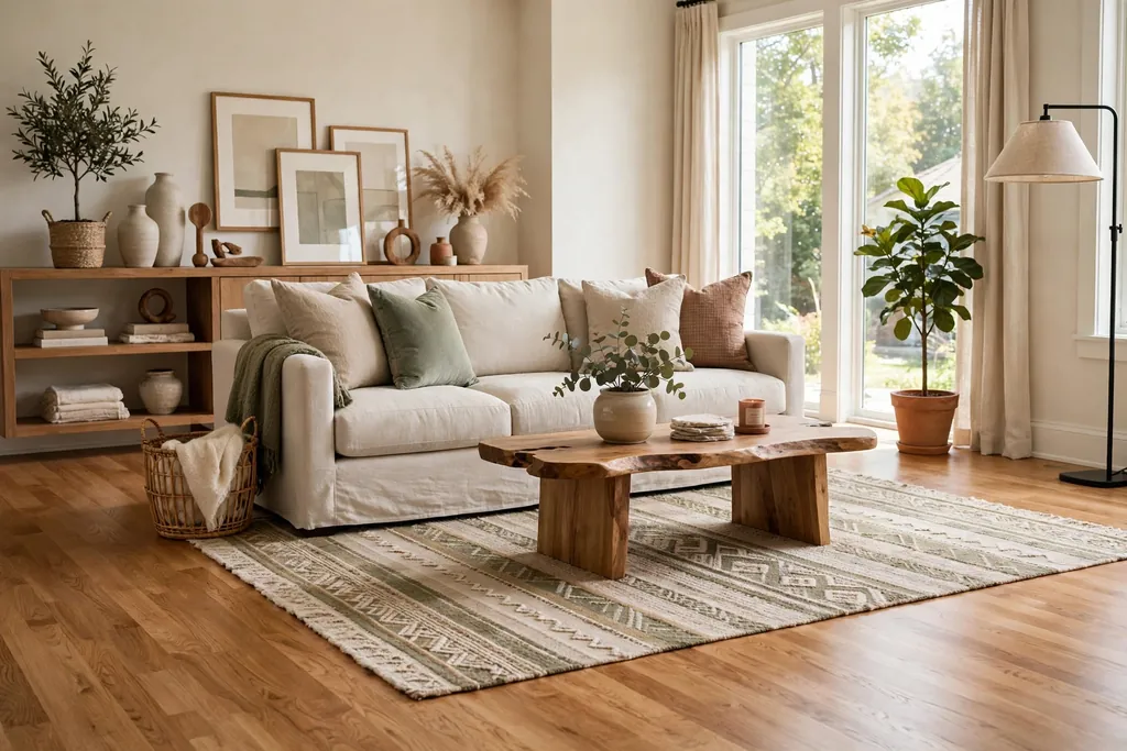 Living room with refinished hardwood floors, rug, and sofa in daylight.