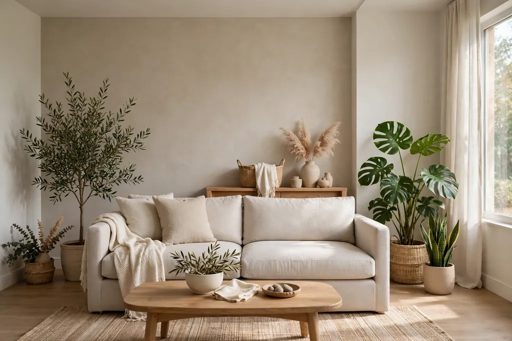 Living room painted in calm neutral tones with sofa and plants.