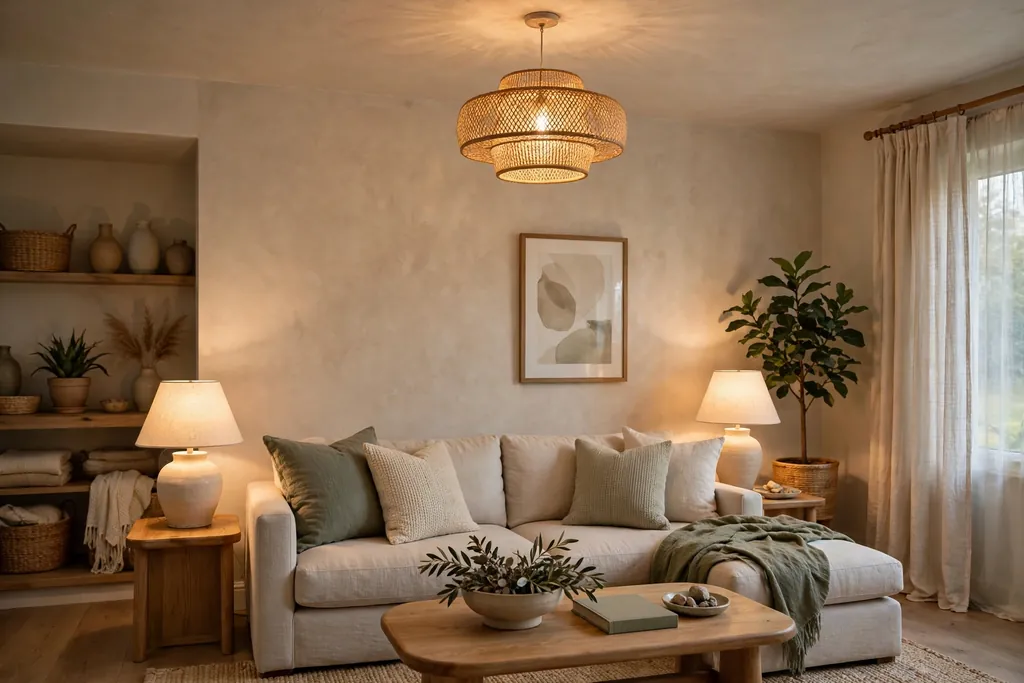Living room with layered lighting from a ceiling fixture and table lamps.