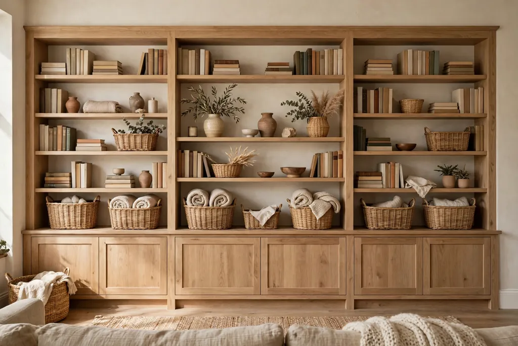 Living room wall with built-in shelves holding books and baskets.