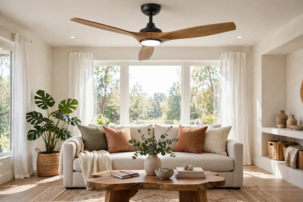 Living room with a ceiling fan above a sofa in a bright room.