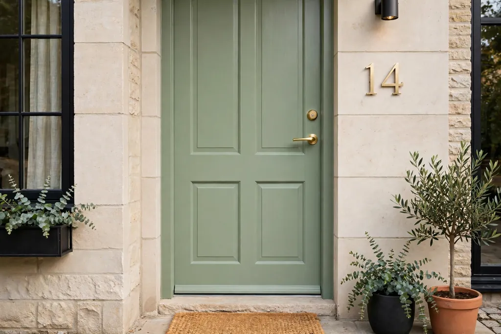 House front door freshly painted with new handle and house number.