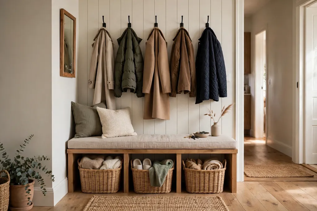 Entryway with a storage bench, baskets below, and hooks holding coats.