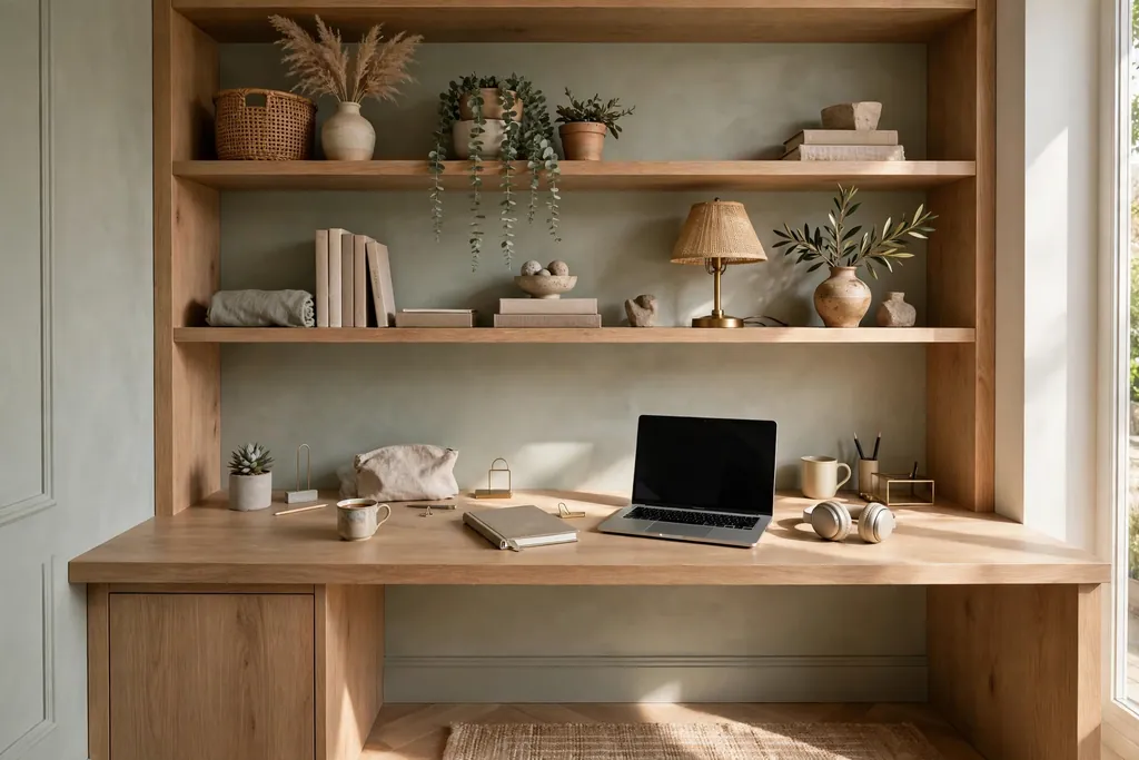 Home office nook with a built-in desk, shelves, and laptop.
