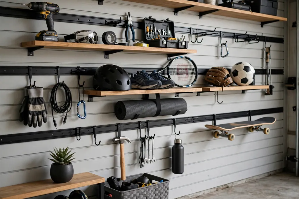 Garage wall with rails, hooks, and shelves holding tools and sports gear.