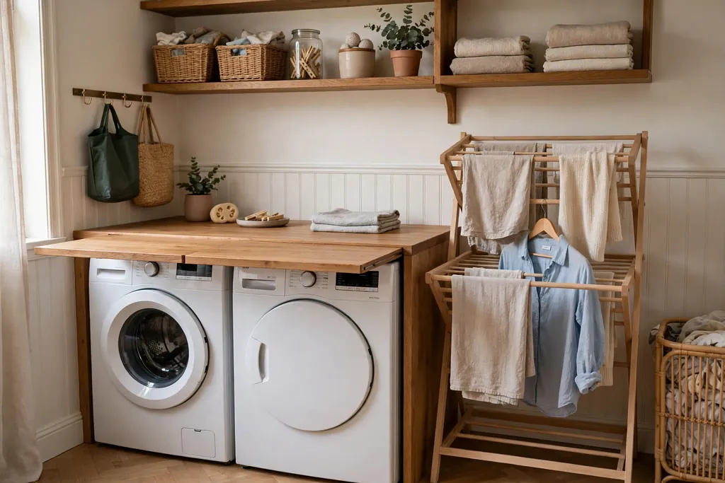 Laundry room with a folding counter over machines and a drying rack.