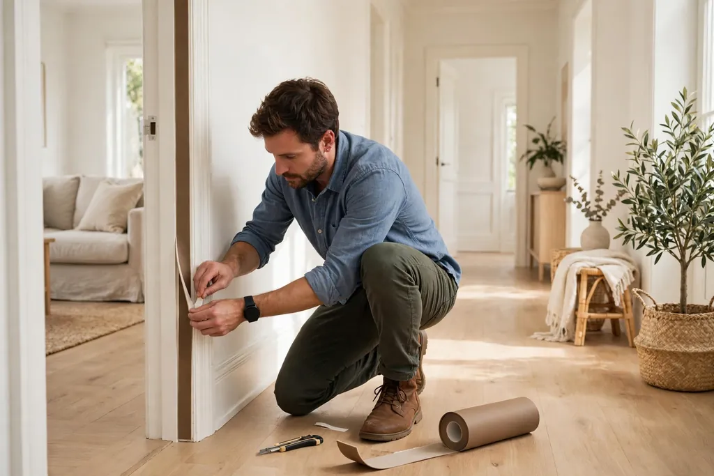 Worker sealing a door frame draft with weather strips in a bright hallway.