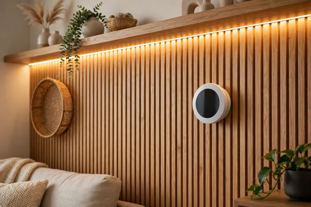 Living room wall with a smart thermostat and warm LED lighting.