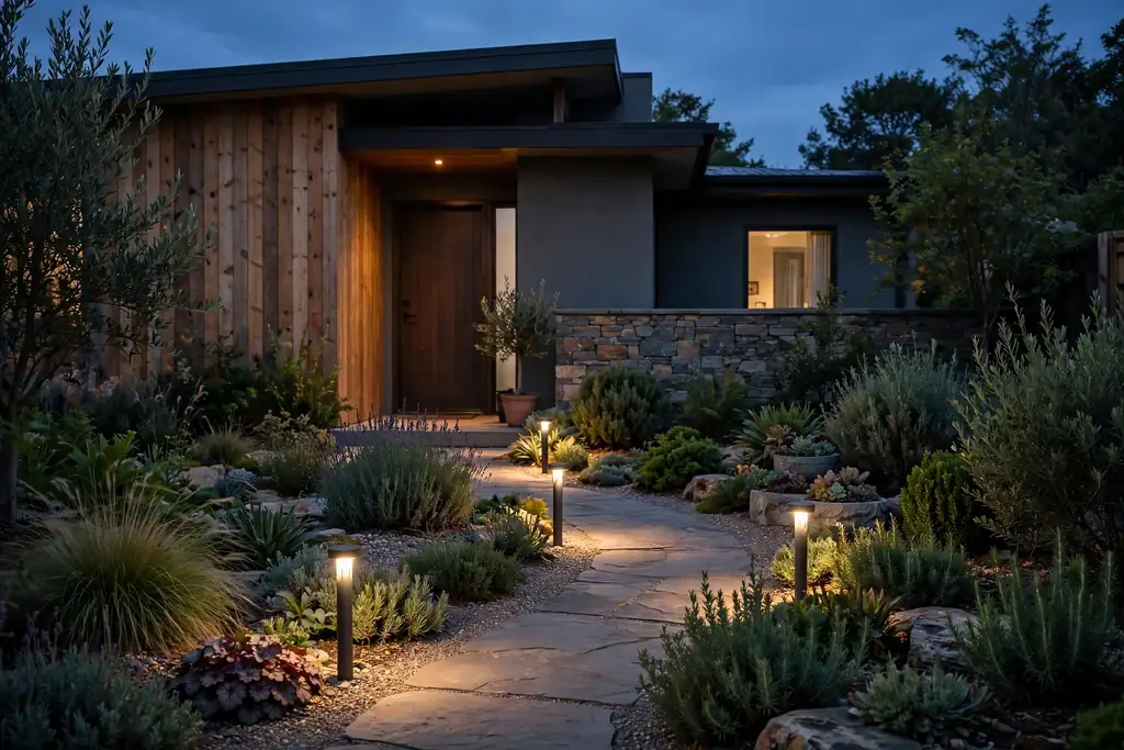 Front garden path lit by low exterior lights at dusk.