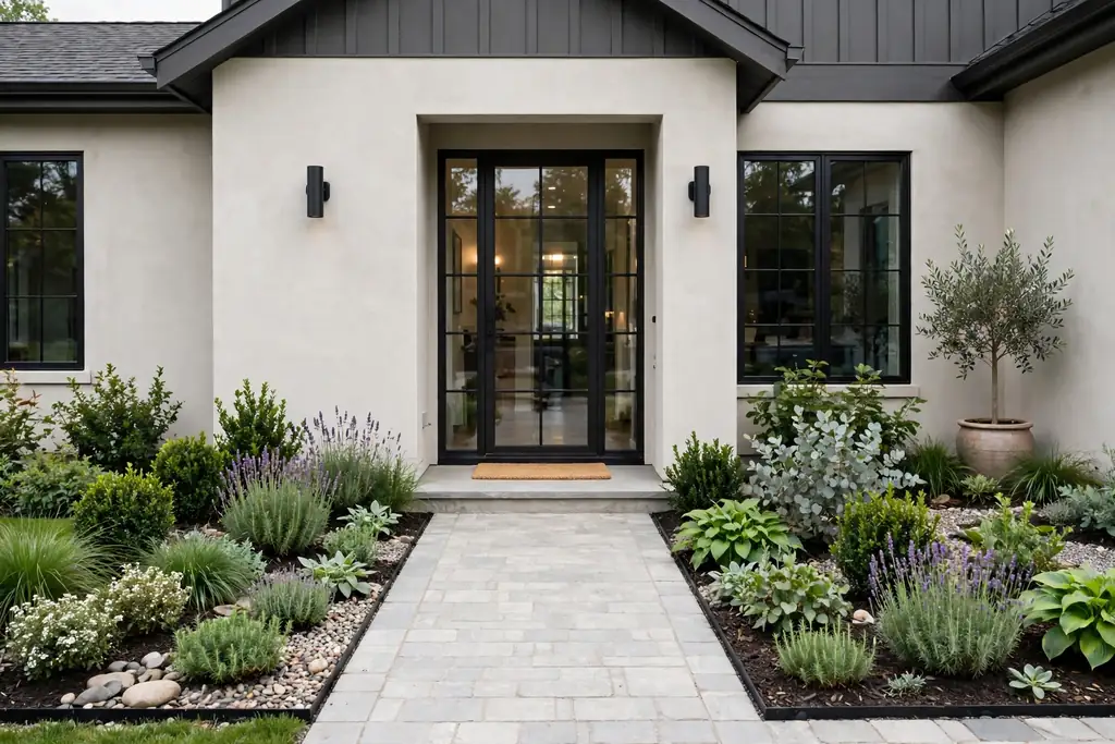 House front garden with tidy planting, clean path, and clear front door.