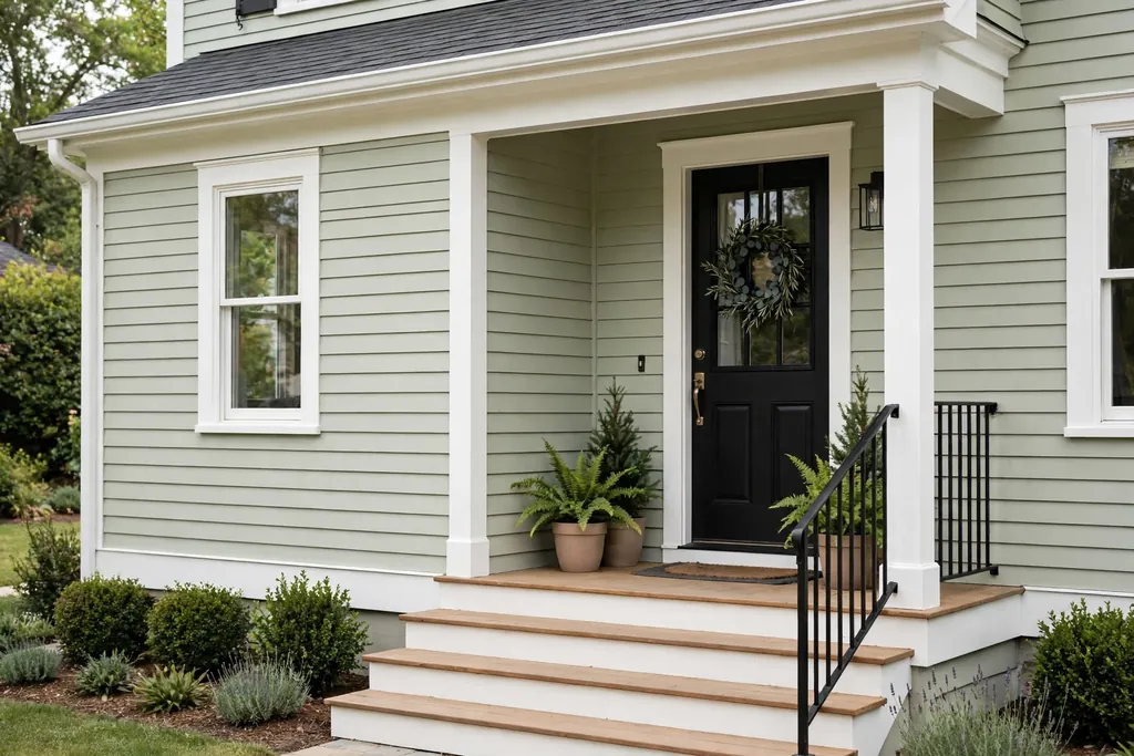 House exterior with freshly painted trim, clean siding, and tidy steps.