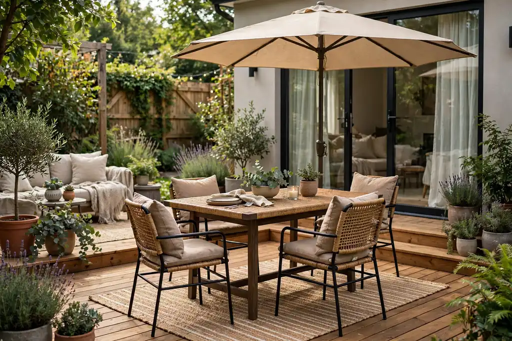 Back garden deck with patio seating, table, chairs, and shade umbrella.