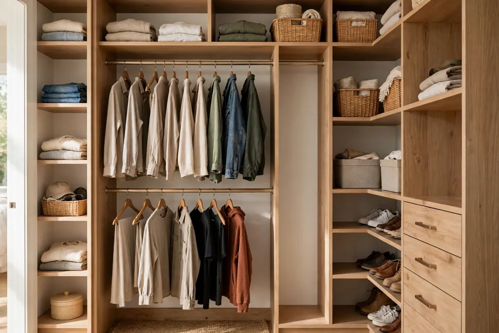 Bedroom closet with built-in organizers, double rods, and shelves.