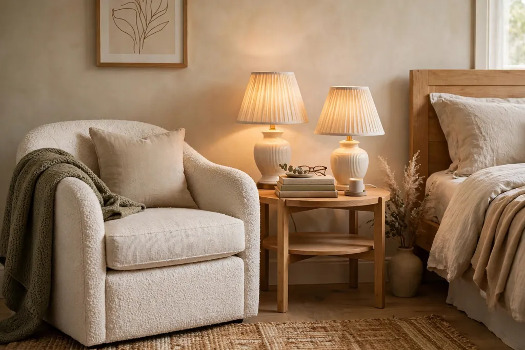 Bedroom reading corner with a chair, side table, and bedside lamps.