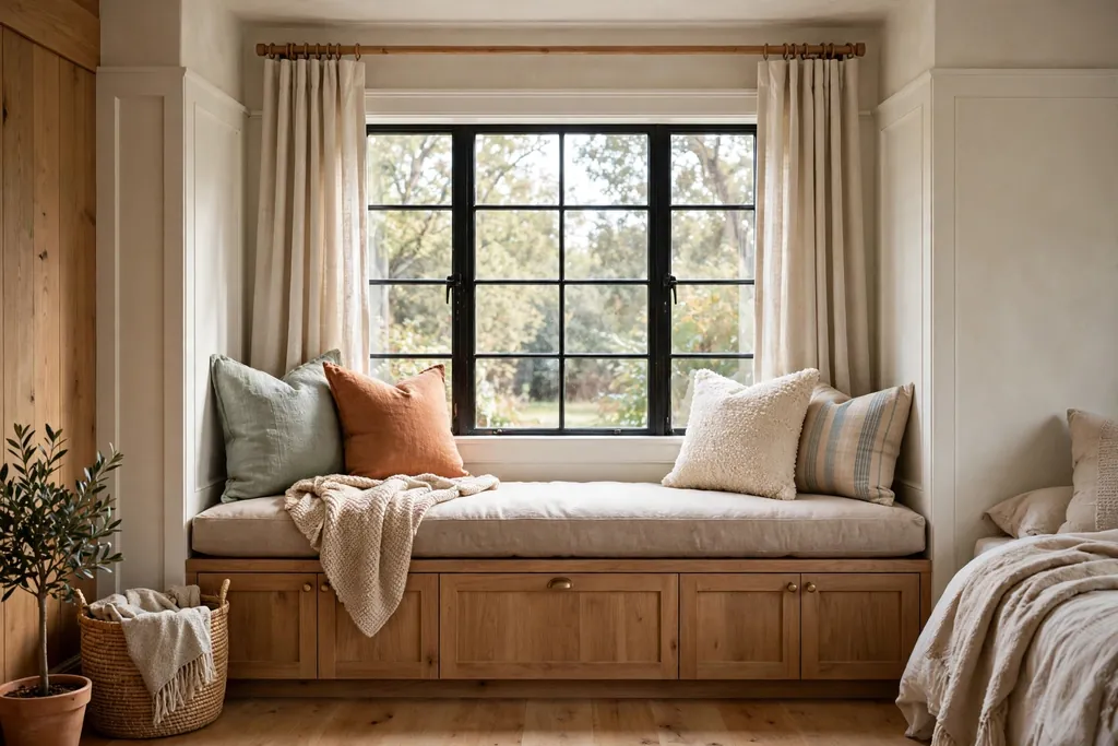 Bedroom window seat with cushion, pillows, and storage below.