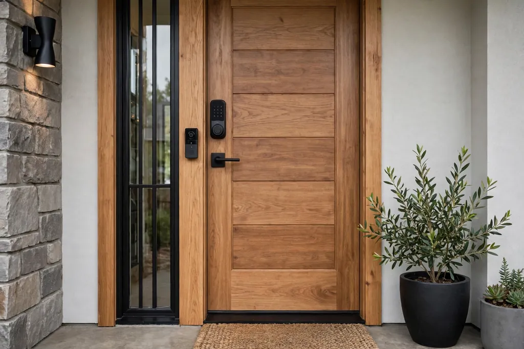 Front door with a smart lock and video doorbell beside the handle.