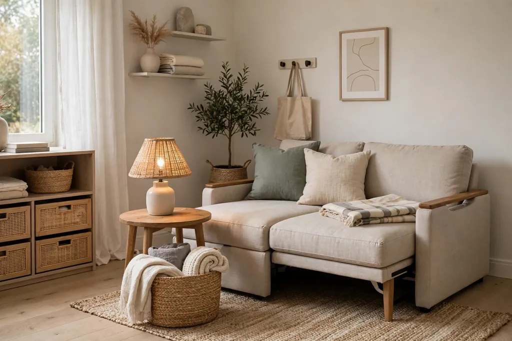 Flexible guest room with a sofa bed, small table, lamp, and storage basket.