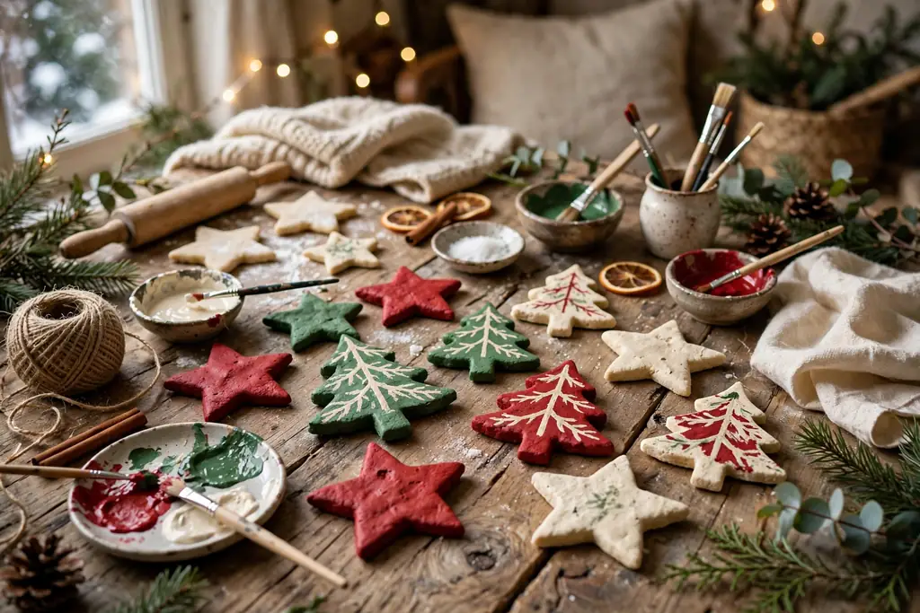 Salt dough star and tree ornaments painted red, green, and cream on a wooden table.