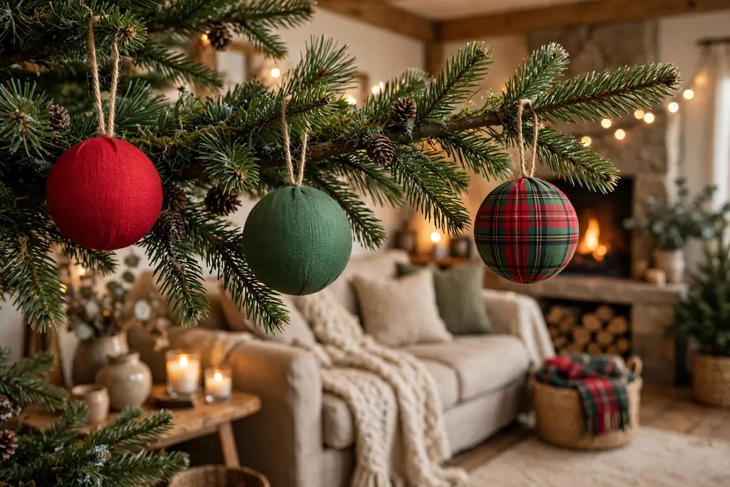 Fabric covered ball ornaments in red, green, and plaid prints on a tree branch.