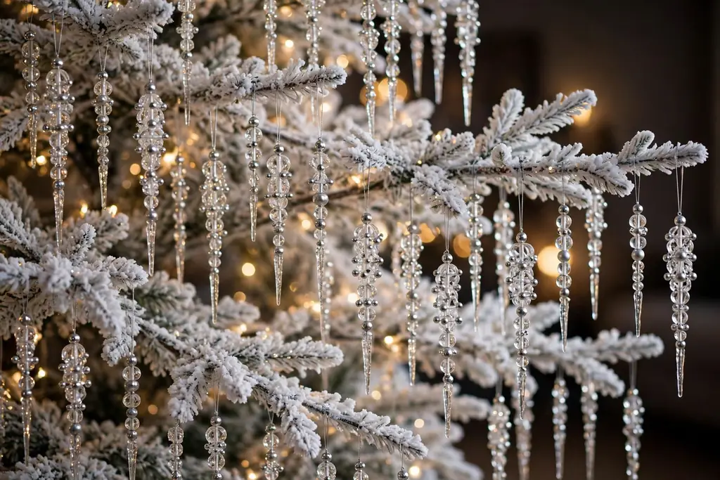 Beaded icicle ornaments in clear and silver beads hanging on a white tree.