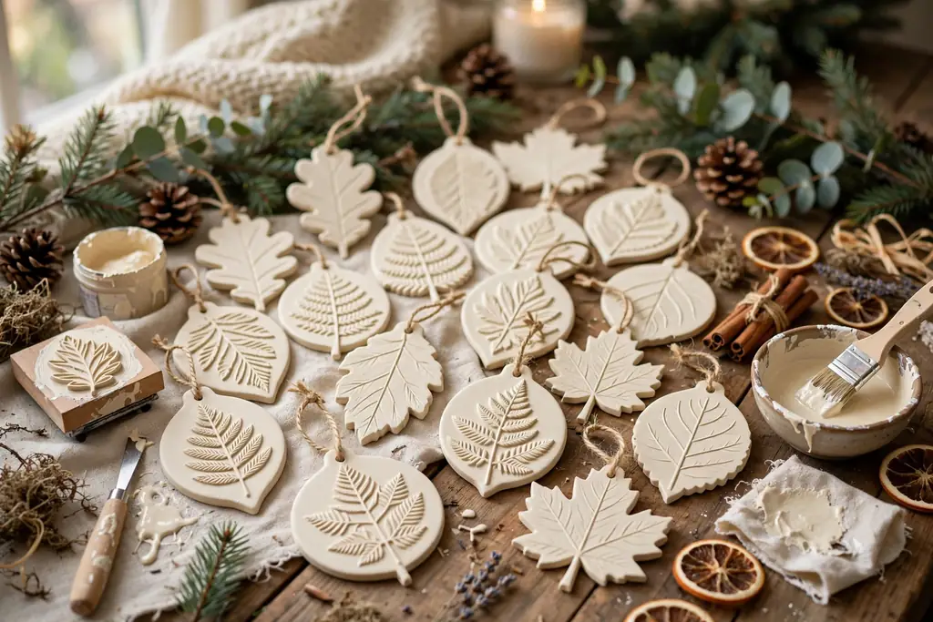 Air dry clay ornaments with embossed leaf patterns painted cream on a table.