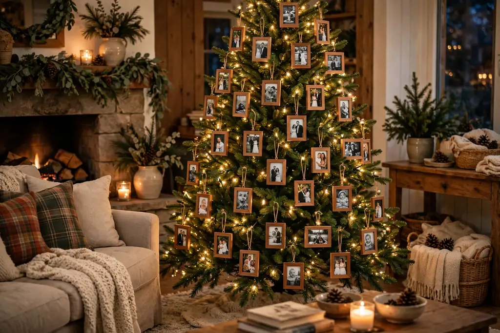 Small framed photo ornaments hanging on a family Christmas tree.