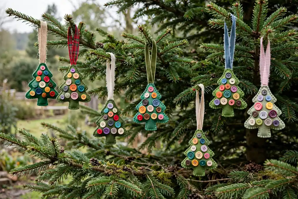 Button tree ornaments made from colorful buttons on felt with ribbon loops.