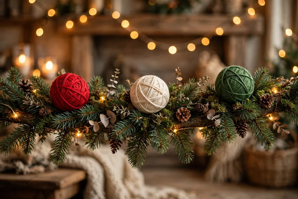 Yarn wrapped ball ornaments in red, cream, and green on a cozy tree branch.